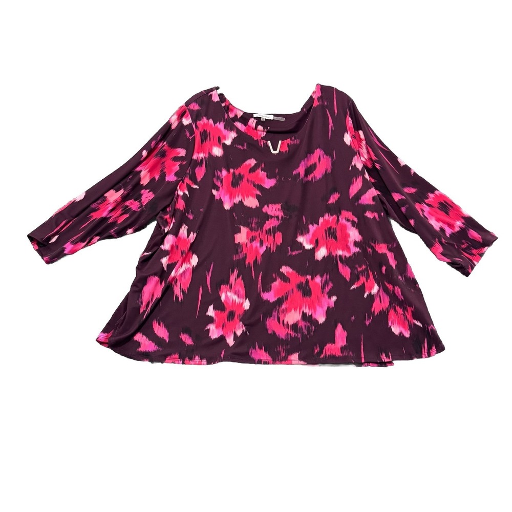 Calvin Klein Women's Blouse, Sz 3X Vibrant‎ Plum Pink Black 3/4 Sleeves NWT